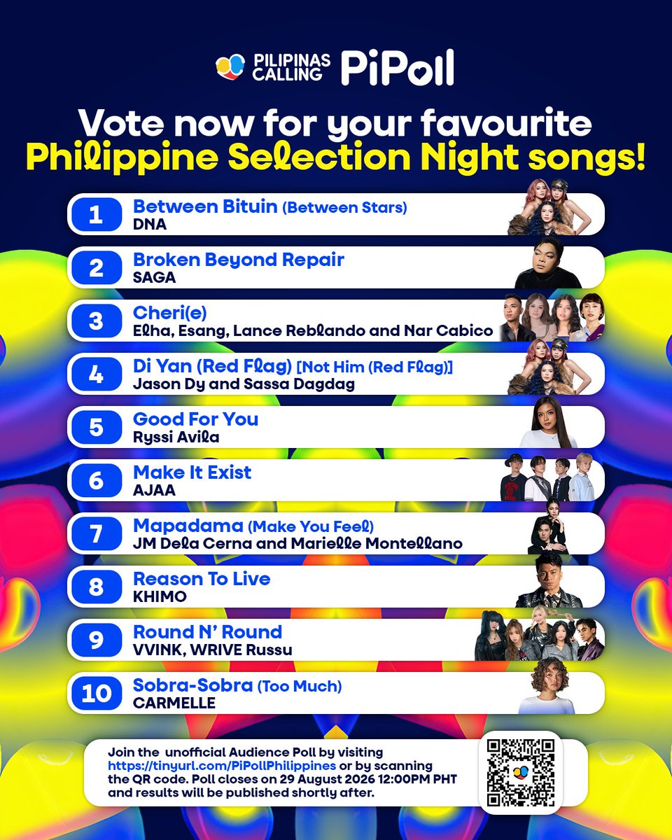 escphcalling's tweet photo. 🗳 Hello Philippines and Hello world! The songs have been released and it's now time to decide your pick at the Philippine Selection Night! Make yourself heard by voting in Pilipinas Polling - PiPoll and help us look into the favourites of the community to be the Philippines' flag bearer to the inaugural Eurovision Song Contest Asia in Bangkok, Thailand.

Join the poll by visiting https://t.co/pAlJunIA3Z or by scanning the QR code. This is open to Filipino and international fans!

Make sure to cast your vote before PiPoll closes on 29 August 2026 at 12:00 PM Philippine Standard Time! Expect us to release the results immediately after voting.

#PilipinasCalling 🇵🇭 #PiPoll #EurovisionAsia #PhilippineSelectionNight #Philippines 🇵🇭