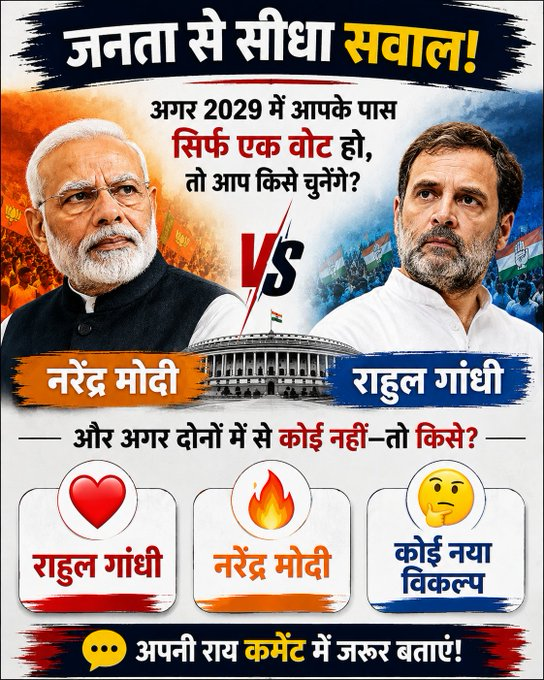 NewsEmpire24's tweet photo. जनता से सीधा सवाल! 🇮🇳

अगर 2029 में आपके पास सिर्फ एक वोट हो, तो आप किसे चुनेंगे?

1️⃣ नरेंद्र मोदी
2️⃣ राहुल गांधी
3️⃣ दोनों में से कोई नहीं — अपना विकल्प बताइए
👇 कमेंट में सिर्फ नाम लिखकर बताइए।
देखते हैं 2029 के लिए जनता का मूड क्या है! 🗳️🇮🇳 https://t.co/oAaATypcMf