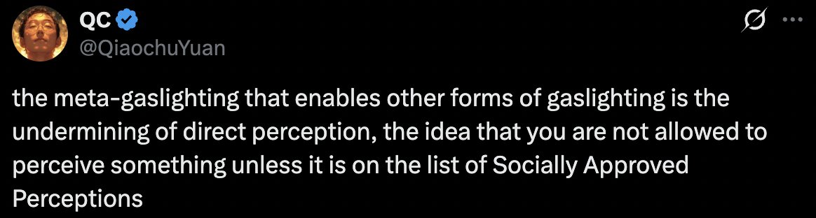 QiaochuYuan's tweet photo. nobody is allowed to straightforwardly trust their own subjectivity anymore; the only people who are qualified to tell you completely obvious things about your first-person experience are Scientists who study Brains, because Brains and Science are real but your experience isn't https://t.co/xfmIjnpTPh