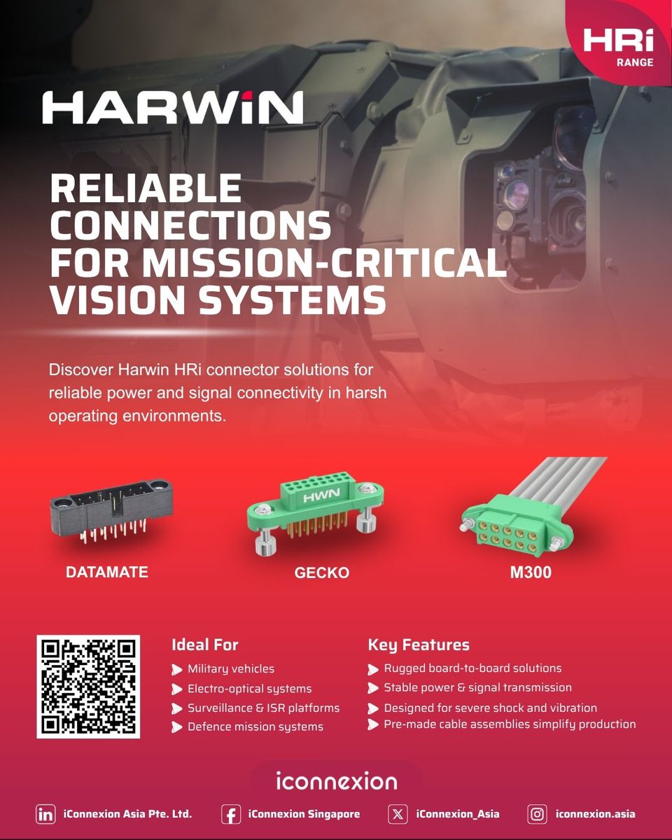 iConnexion_Asia's tweet photo. Military vehicle vision systems need reliable connections under severe shock & vibration.
See how Harwin Datamate, Gecko & M300 supported a rugged panoramic vision system.
๐: https://t.co/q3KiIJIp25
๐ฅ:https://t.co/9NubLVMzOt
#iConnexion #Harwin #Datamate #Gecko #M300 https://t.co/I0Dve5j9II