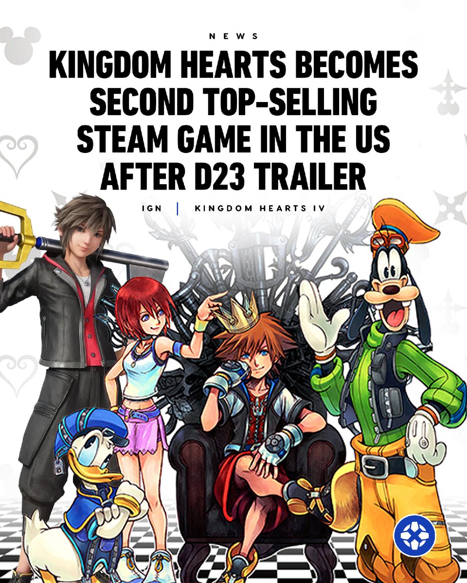 IGN's tweet photo. Kingdom Hearts HD 1.5+2.5 Remix, a hefty compilation of games in the series, has soared to second place on Steam’s Top Sellers list in the U.S. following the Kingdom Hearts IV gameplay trailer that was shown at D23 over the weekend. https://t.co/VHJ0dH8uhe https://t.co/o7y7vG744Z