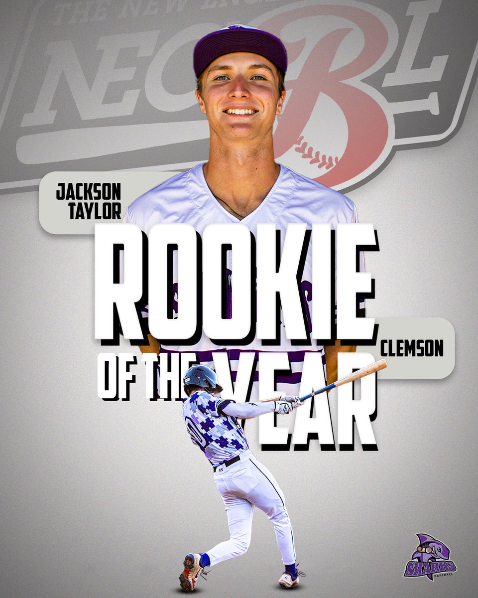 TheNECBL's tweet photo. 🏆 ROOKIE OF THE YEAR 🏆

Congratulations to Jackson Taylor (@ClemsonBaseball) of the @MV_Sharks! 👏

Taylor hit .319 through the regular season with a 1.000 OPS, and was voted starting 3B for the South at this year's NECBL All-Star Game🔥

Read more: https://t.co/19Sgwu51t2 https://t.co/uy8lpgcKOw