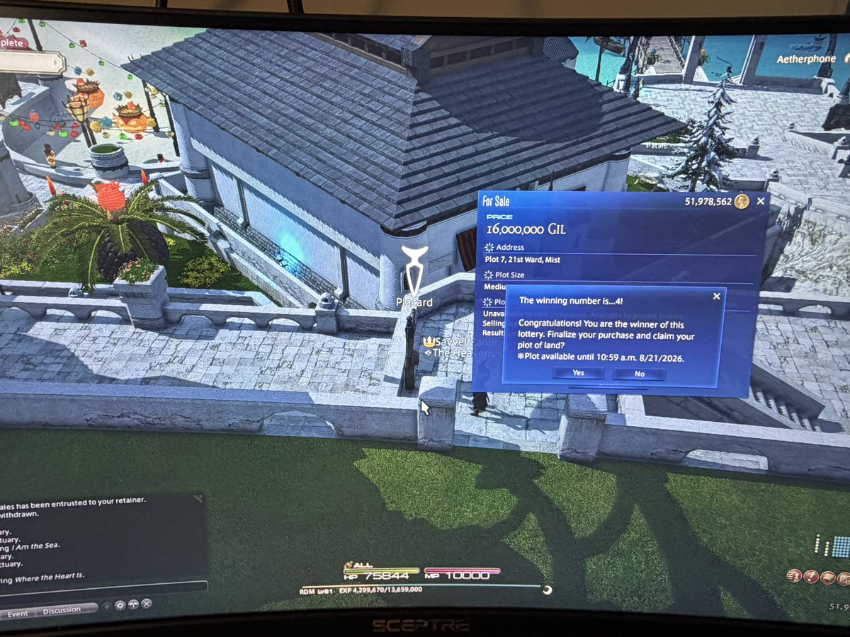 JayrowJ's tweet photo. I put down a joke bid for a medium personal plot not expecting to win

My genuine reaction was 
“Oh no, oh god dammit not again” followed by several fucks

I did this exact thing with a small house and then proceeded to spend several days decorating it

Back to square one
#FFXIV https://t.co/KkINwtZf7s