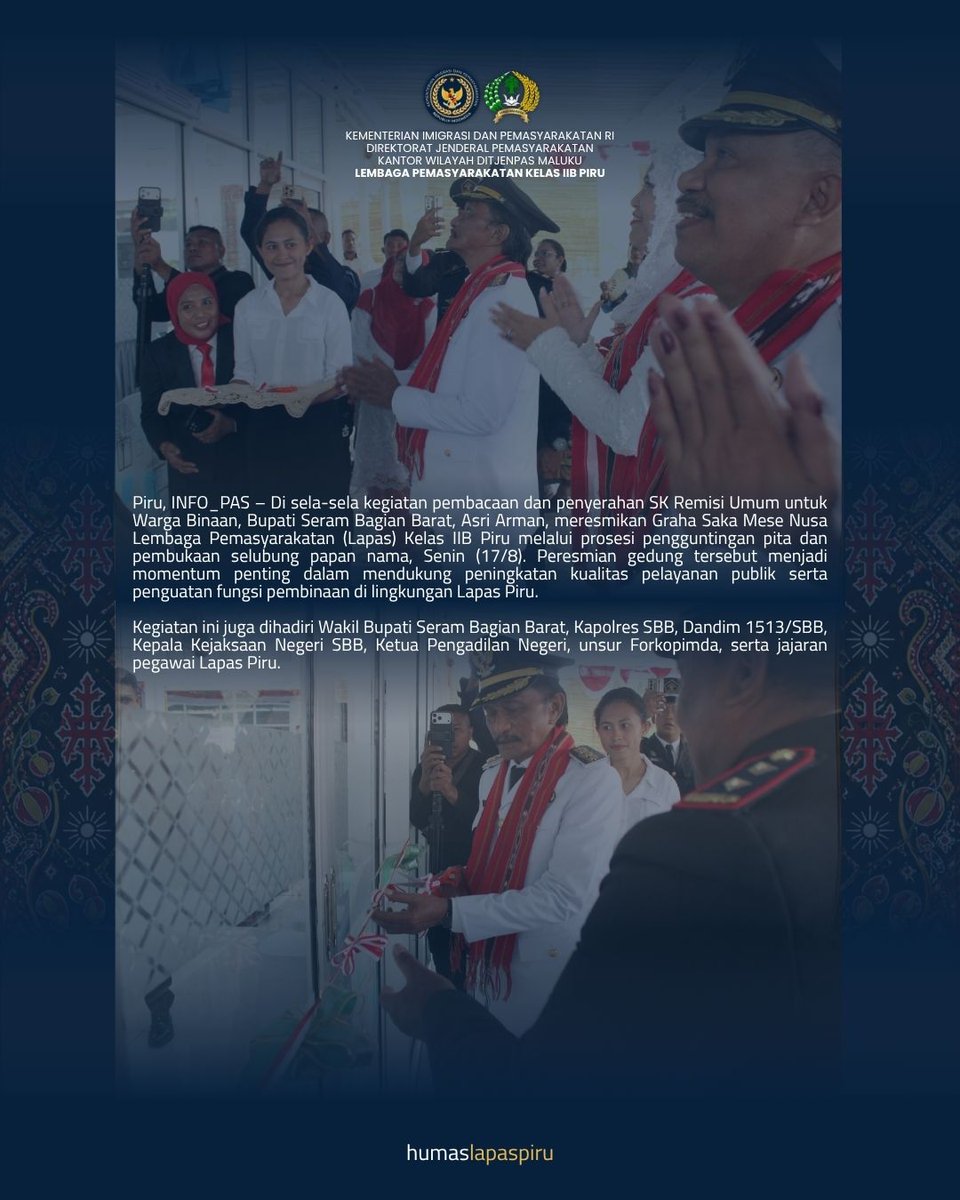 Humaslapaspiru's tweet photo. Graha Saka Mese Nusa Lapas Piru Diresmikan, Dukung Pelayanan Publik dan Pembinaan di Lapas

Baca selengkapnya di :
https://t.co/vn6kDwnILl

#lapaspiru #kemenimipas #ditjenpas #pemdasbb #kanwilditjenpasmaluku https://t.co/MLDXwQzIcG