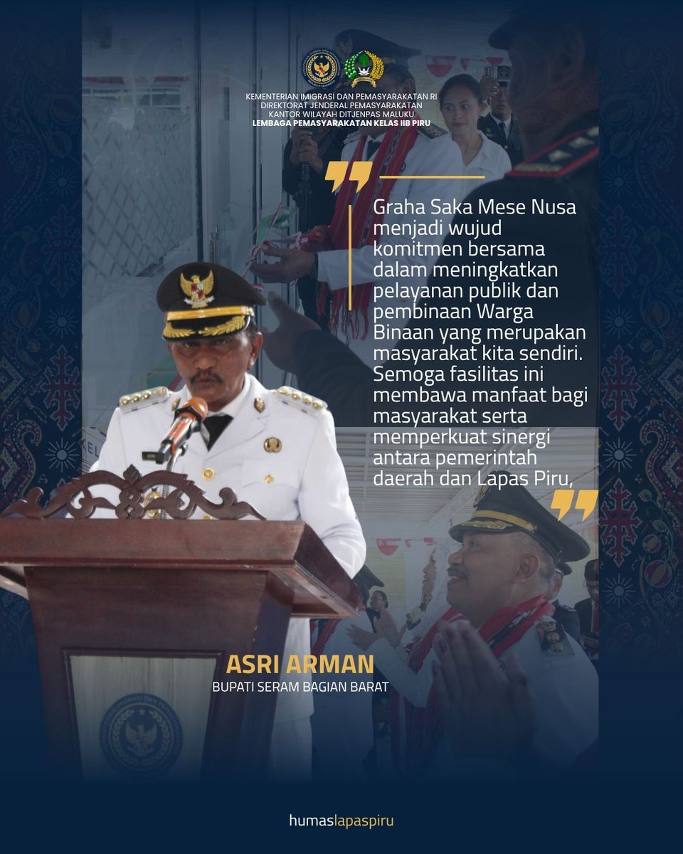 Humaslapaspiru's tweet photo. Graha Saka Mese Nusa Lapas Piru Diresmikan, Dukung Pelayanan Publik dan Pembinaan di Lapas

Baca selengkapnya di :
https://t.co/vn6kDwnILl

#lapaspiru #kemenimipas #ditjenpas #pemdasbb #kanwilditjenpasmaluku https://t.co/MLDXwQzIcG
