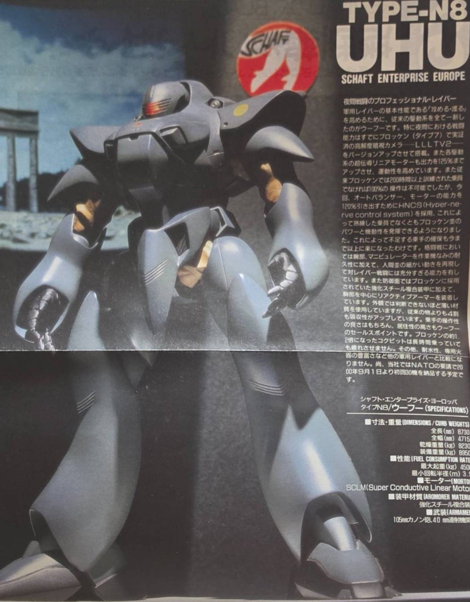 8101919abc's tweet photo. 機動警察パトレイバーPERFECT MANUAL 2
TYPE-N8 ウーフー(UFU)
書籍掲載の出渕裕によるレイバーバリエーションの一つ
シャフト・エンタープライズ・ヨーロッパが開発したレイバーでそれらしいシルエット
他にヘルダイバーのバリエーション等も存在した
アニメ非登場のレイバーは貴重なためファンも多い https://t.co/QvoCu8wRZJ