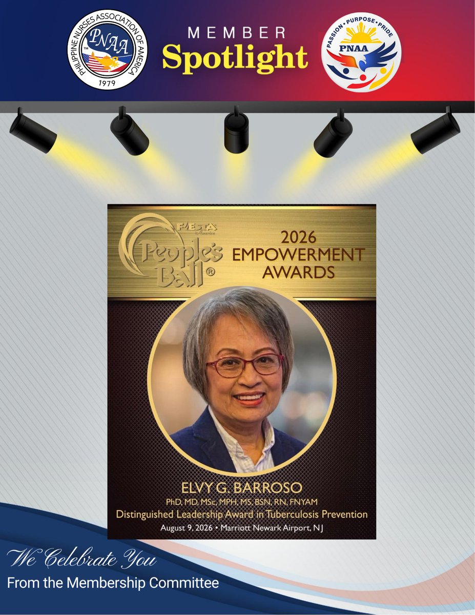 mypnaa's tweet photo. 🌟 MEMBER SPOTLIGHT 🌟

Congrats to Dr. Elvy G. Barroso, recipient of the 2026 Distinguished Leadership Award in Tuberculosis Prevention at the PETA People’s Ball Empowerment Awards! Your leadership inspires the PNAA community.

#PNAA #MemberSpotlight #NurseLeaders #FilipinoPride https://t.co/4HJkYeGBKY