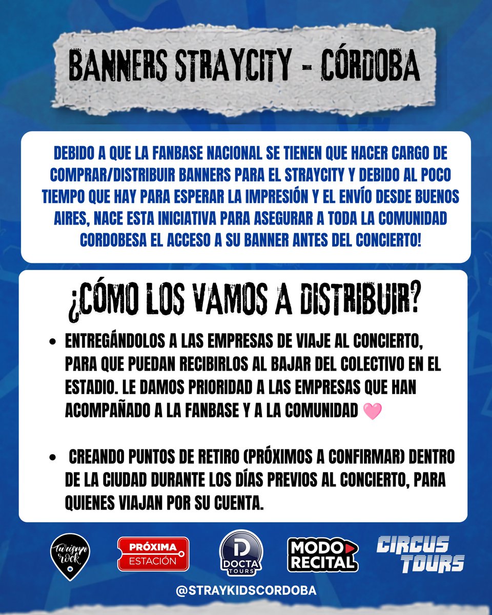 SKZCordoba's tweet photo. Si sos de CBA, buscamos la colaboración de los que más puedan ya que queremos que la mayor parte de nuestra comunidad tenga asegurado su banner así pueden ir directo a la fila y que le llegue el mensaje a SKZ 💙✨ aunque sean unos pesitos, o simplemente compartiendo, se agradece! https://t.co/ZShYQTPbCM