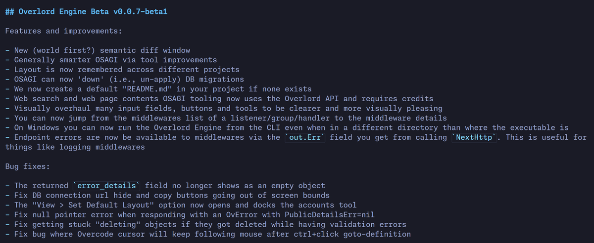 bloeys's tweet photo. I am not sure if I ever shared this, but this is our first-ever (and embarrassing) changelog sent to our closed-beta testers.

Compare v0.0.3 with v0.0.7, where we are starting to move beyond stability and to adding cool stuff!

I think we'll have a public changelog somewhere. https://t.co/Gz0VWUBPWW