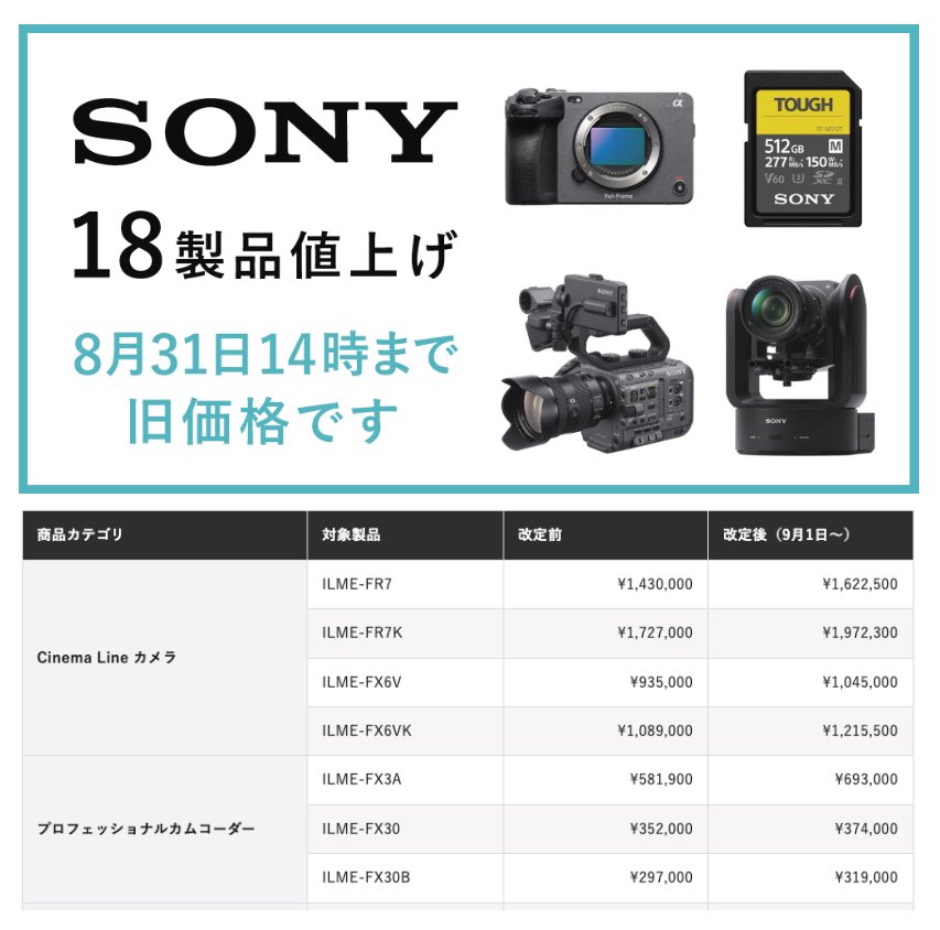 soeda00078's tweet photo. 【悲報】SONY軒並み10万超値上げ

もうコレ気軽に撮影をオススメ出来る時代じゃなくなったかもしんね https://t.co/F9VMOYSOvG