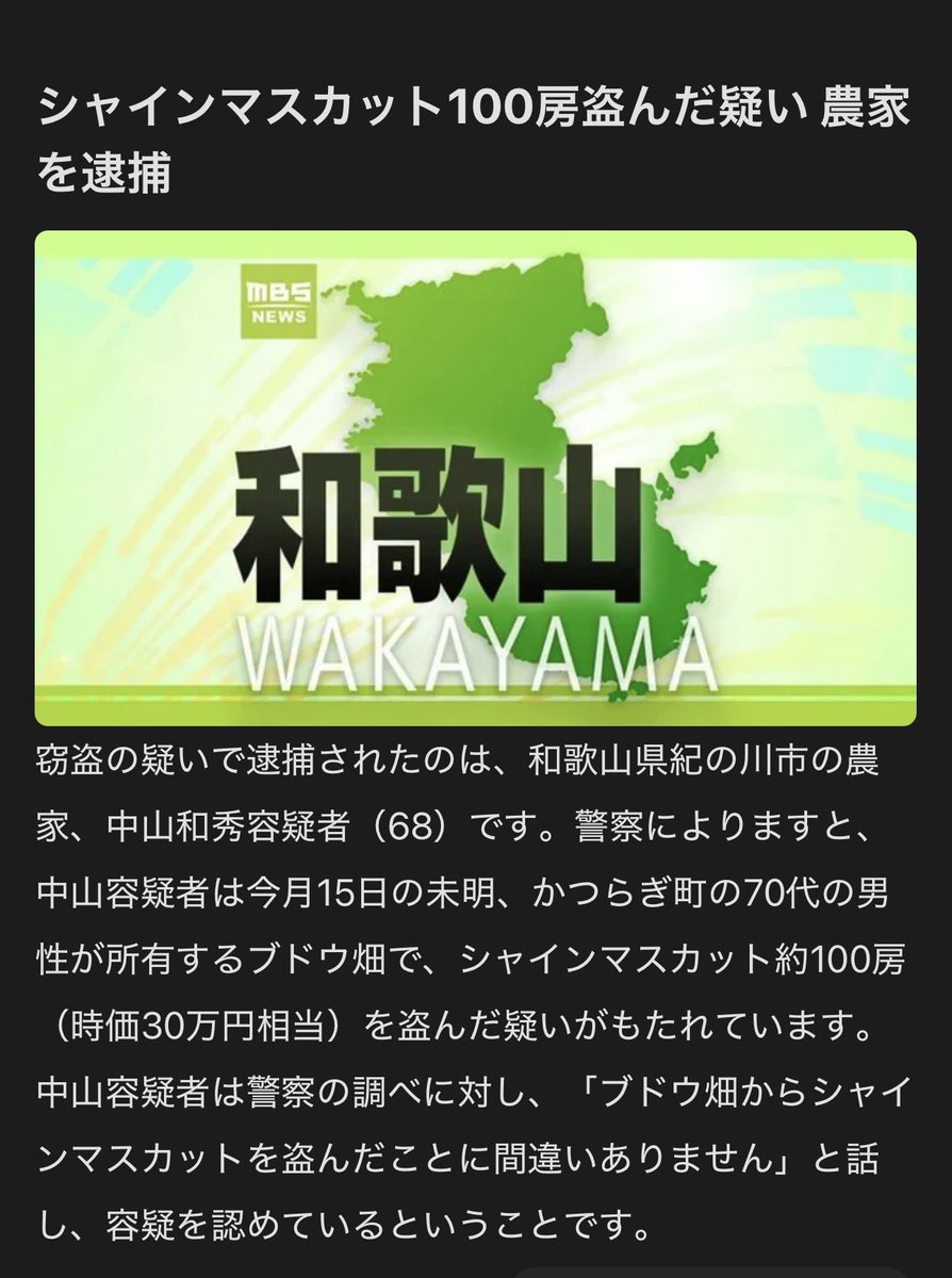 ace7456a's tweet photo. 同じ農家なら、作物を育てる大変さは分かってるだろ。

それで他人の畑からシャインマスカット100房も盗むって何なんだよ。

しかも盗んだブドウはほとんど見つかっておらず、転売した可能性もあるという。

農家の人からしたら、たまらんだろうな。 https://t.co/CCOVRhMxt7