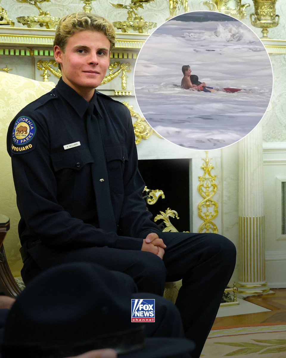 FoxNews's tweet photo. “What you did was incredible and everybody saw it.”

President Trump welcomes 16-year-old lifeguard Ryder Williams and 10-year-old Nathaniel Rai into the Oval Office after video of Williams’ dramatic ocean rescue went viral.

Williams raced into rough California surf after Nathaniel was swept into the water and pounded by powerful waves. Another lifeguard then helped pull them both safely to shore.

Trump calls the teenager an inspiration to young Americans as Nathaniel’s father says he is “beyond grateful” to the lifeguard who helped save his son.

Williams, who hopes to become a firefighter, credits his training and says he hopes the rescue inspires others to look out for the people around them.
