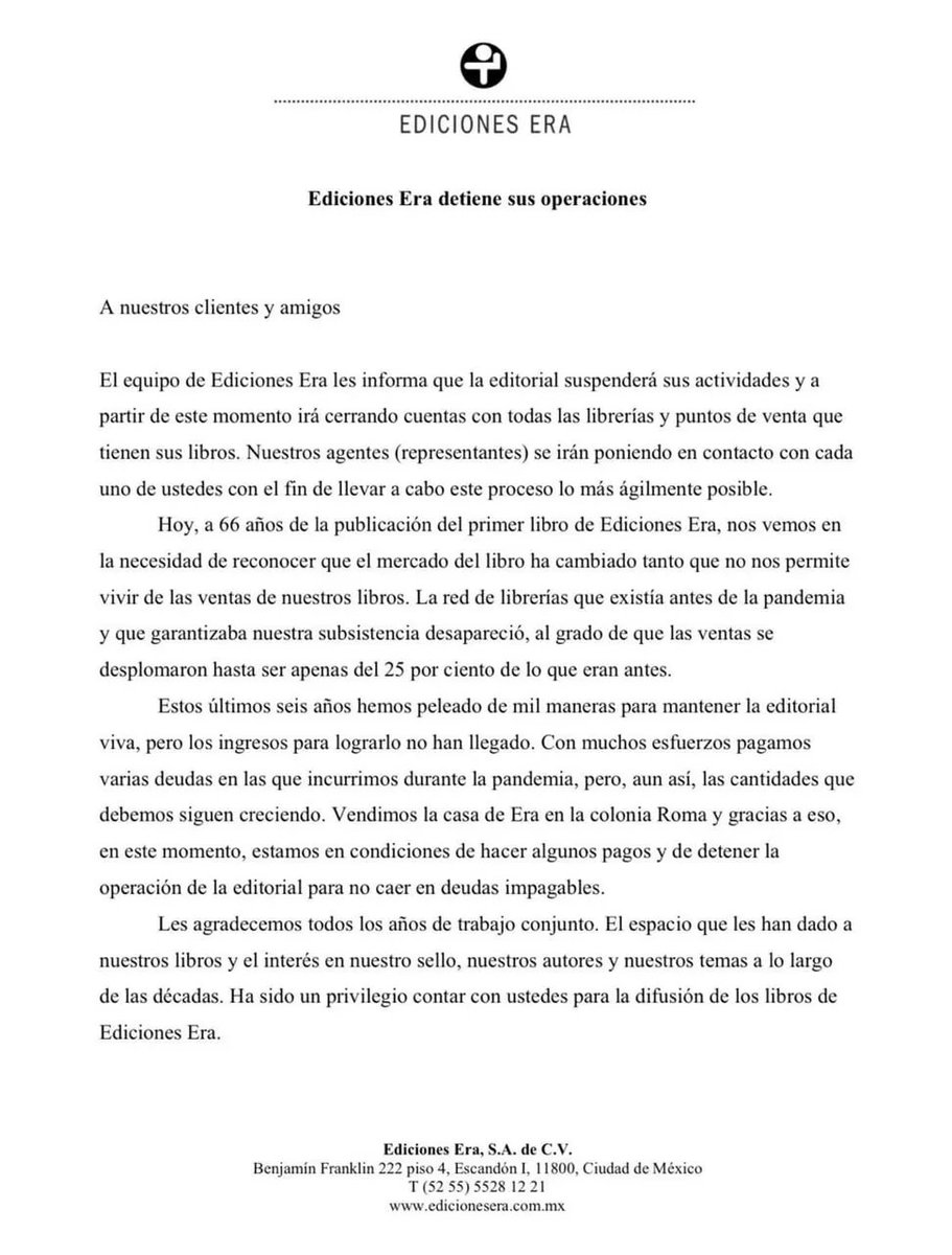 ElFactorSam's tweet photo. Noticia lamentable. #EdicionesEra anuncia su cierre definitivo. El sello editorial ha visto caer sus ventas en 75%.
Durante sus 66 años de historia fue la casa de José Emilio Pacheco, José Revueltas, Elena Poniatowska y muchos otros autores emblemáticos. Trágico. https://t.co/PVYg1MjiVi