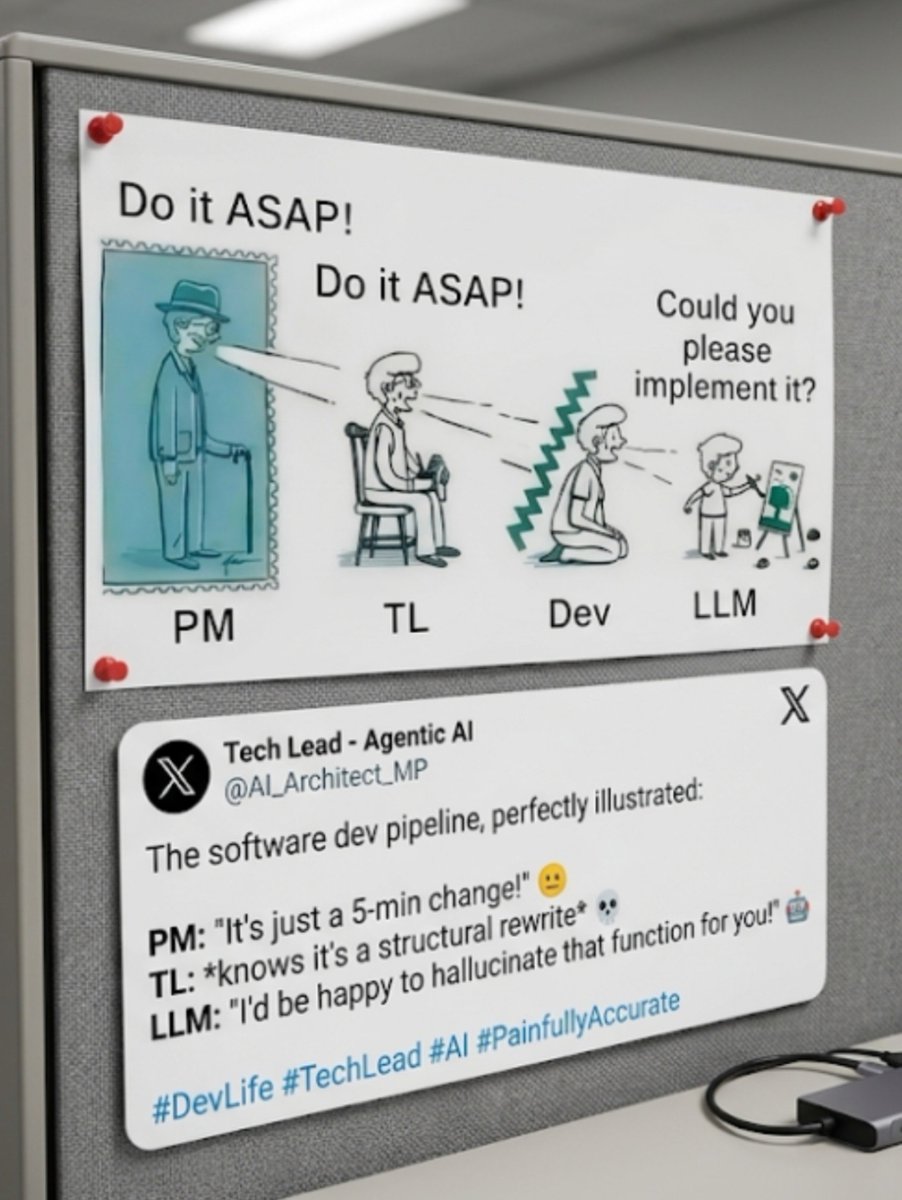 Sanjay_C_Patel's tweet photo. The software engineering food chain in 2026:
PM: Do it ASAP π£οΈ
TL: Do it ASAP π’
Dev: Could you please implement it, my dear LLM friend π₯Ίππ?
LLM: Confidently hallucinating 400 lines of deprecated code π¨π
We are all just prompt dispatchers now. #DevLife #AI #LLM #TechLeadTL https://t.co/Mbrw2tP3xZ