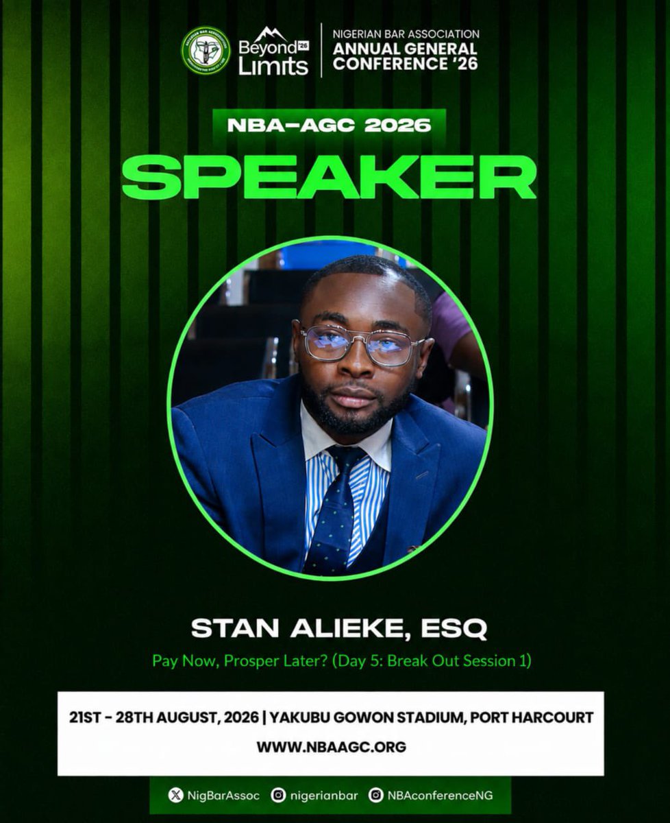 StanAlieke's tweet photo. Honored to have been invited by the Nigerian Bar Association as one of the speakers at the upcoming 66th Annual General Conference (NBAAGC26) taking place at the Yakubu Gowon Stadium, Port Harcourt, from the 21st- 28th of August 2026. 
#NBA #NBAAGC2026 https://t.co/3j8c1u9Rkb