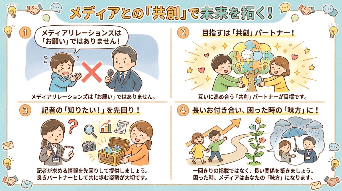 Frontier_C's tweet photo. 【メディアリレーション（共創の精神）】
メディアへ情報提供ではなく、無理なお願いばかりしてませんか？
「共創」を思い、良きパートナーとして伴走することを常に考えていきましょう。一度きりではなく、長期的な関係を築くことが広報の役目です。相談はプロフから✨ #広報 #メディアリレーション https://t.co/gBNsq4isnE