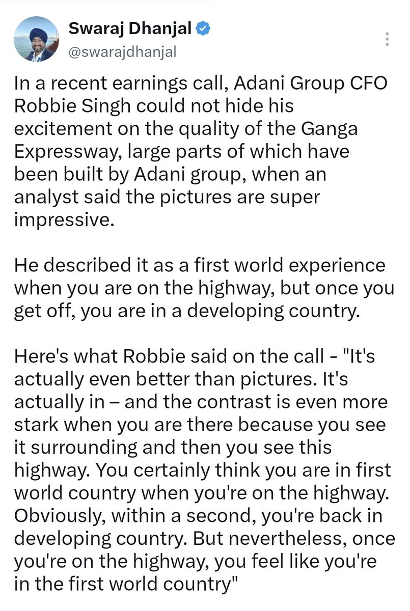 Benarasiyaa's tweet photo. Adani group CFO Robbie Singh on Ganga Expressway: Once you are on the highway, you feel like you are in a first world country. https://t.co/9U6iFpLIBe