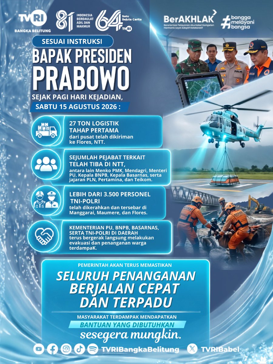 TVRIBabel's tweet photo. 🇮🇩 Pemerintah Bergerak Cepat Tangani Dampak Gempa NTT

Sesuai arahan Presiden Prabowo sejak hari pertama kejadian, Sabtu, 15 Agustus 2026, pemerintah terus mempercepat penanganan dan bantuan bagi masyarakat terdampak gempa di Nusa Tenggara Timur.

#prayforntt #TVRIBangkaBelitung https://t.co/OJSGqxnvfi