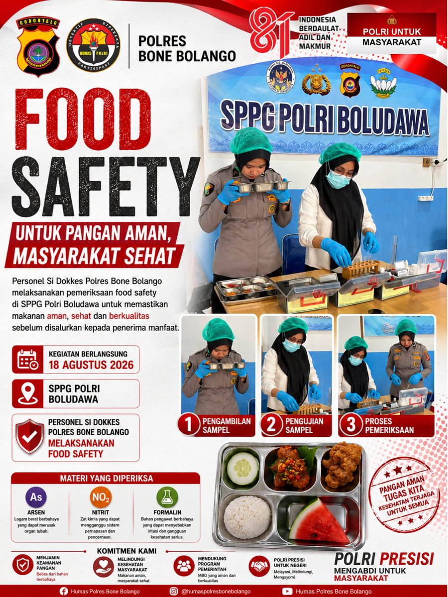 BonbolPolres's tweet photo. Personel Si Dokkes Polres Bone Bolango melaksanakan pemeriksaan food safety di SPPG Polri Boludawa, Senin, 18 Agustus 2026.

#PolriPresisi #PolriUntukMasyarakat #PolresBoneBolango #SiDokkes #FoodSafety #KeamananPangan #SPPGPolriBoludawa #MBG https://t.co/u8vFbK6lYU