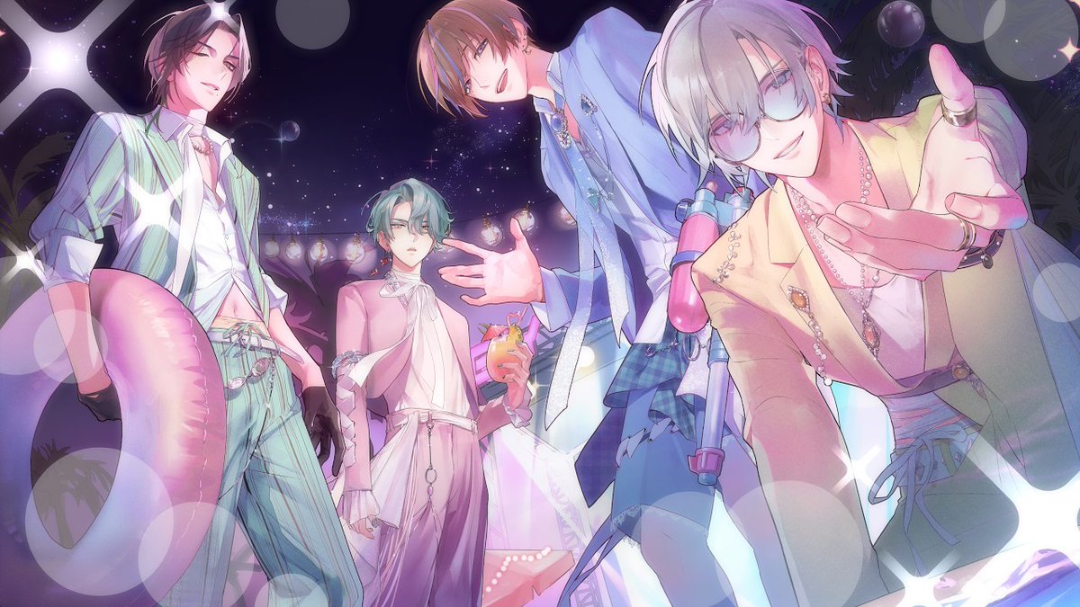 rizzumu_7's tweet photo. the isekai truck hit me and i woke up to 4 ikemen telling me to go to a night pool party with them. who am i to refuse this otome game setup??? https://t.co/C0NDeLrAXZ