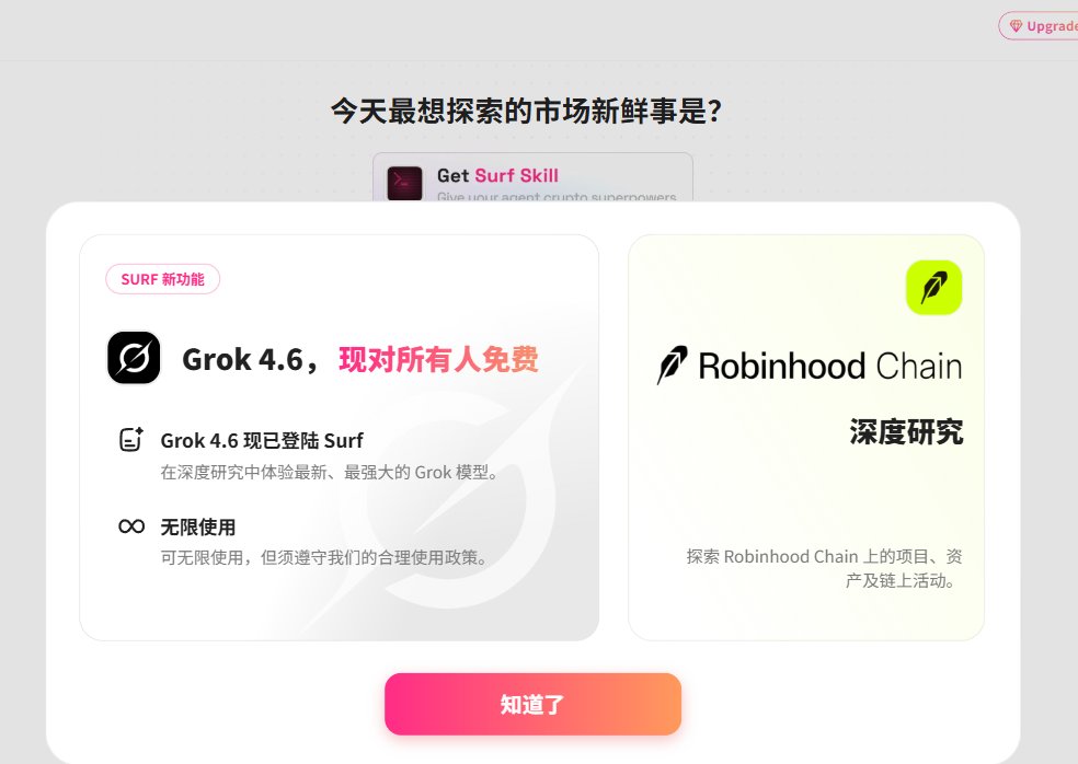 Darkwjq's tweet photo. 兄弟们，罗宾链最近真的疯了……

很多上线没多久 Meme 就集体起飞，
赚钱效应直接拉满，

一天不刷都怕错过几个亿，🤣
大佬们已经把 Robinhood Chain 当提款机狂冲了！

给大家介绍一款真正的宝藏工具!

刚好Surf把Grok 4.6全面开放了，所有人免费、还无限用！

深度研究随便开，链上实时数据、钱包动向、项目分析一问就出来，几秒就给你整理好。

怎么用超简单：  
打开链接 → https://t.co/cVMPYvEctV  
登录/注册账号  
打开Deep Research模式  
模型选Grok 4.6
然后直接甩一句「罗宾链上还有啥机会」就行，几秒出答案！

机会就在这里
有好事下次别怪我没喊你～☺️

@SurfAI
@Surfdeveloper
@Syu990
@ryanli