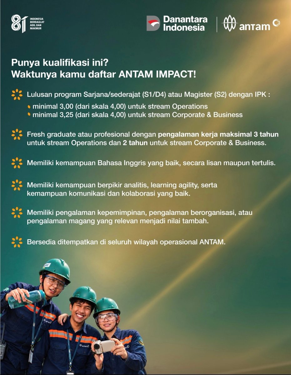 Loker_K3's tweet photo. Hi Graduates, ready to make an IMPACT?!

Pendaftaran: 10 hari, dari 18 Agustus 2026 (pukul 00:00 WIB) s.d 27 Agustus 2026 (pukul 23:59 WIB)

Daftar dan lihat informasi lengkap di

https://t.co/rgrKbw62ue

#Antam
#Lowongankerja https://t.co/1SZSTLgoV1