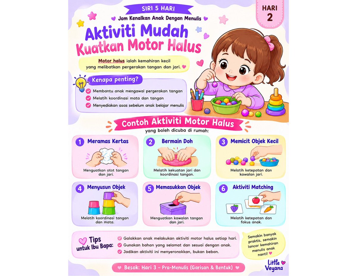 veyanaaaa's tweet photo. Sebelum anak mula menulis, cuba kuatkan motor halus mereka dulu. ✋

Aktiviti mudah:

👐 Meramas kertas
🩷 Bermain doh
🤏 Memicit objek
🧩 Matching
🧱 Menyusun objek

Buat sambil bermain. Tak perlu paksa. 🌸 https://t.co/cOFFnwJdiy
