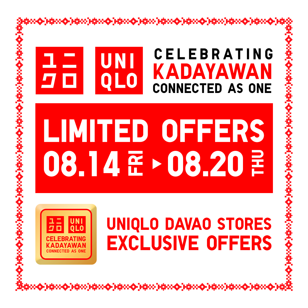 UNIQLOPH's tweet photo. Celebrate Kadayawan Connected as One!​

Dont miss out, enjoy exclusive limited offers on #LifeWear essentials until August 20.

Catch these must-haves at UNIQLO SM Lanang Premier, UNIQLO Davao Roadside, and UNIQLO SM City Davao. 

#KadayawanConnectedAsOne #UNIQLODavao https://t.co/aoYGAYLvnn