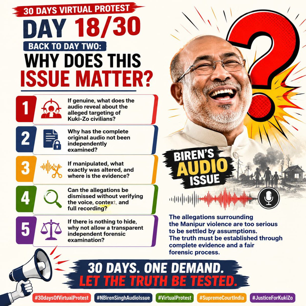 KimHaokip's tweet photo. 🔴 DAY 18/30

Justice is not only about reaching an answer.
It is also about ensuring that the process is credible enough for people to trust the answer.

The Biren audio deserves that standard.

Transparency builds trust. Silence creates more questions.

#30DaysOfVirtualProtest #NBirenSinghAudioIssue #JusticeForKukiZo
@indSupremeCourt 
@LiveLawIndia 
@barandbench