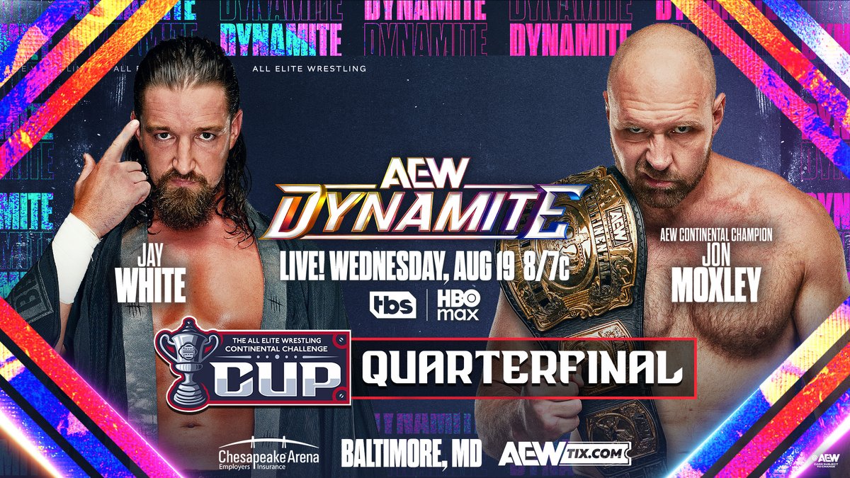 AEW's tweet photo. #AEWDynamite
8/7c, TBS &amp; HBO Max
This Wednesday, 8/19
AEW Continental Challenge Cup Quarterfinal
@JayWhiteNZ vs @JonMoxley
Switchblade vowed to end the reign of Moxley ahead of #AEWAllIn London &amp; White will get his chance at the Death Rider LIVE in Baltimore, THIS WEDNESDAY! https://t.co/UW4GXlwYwB