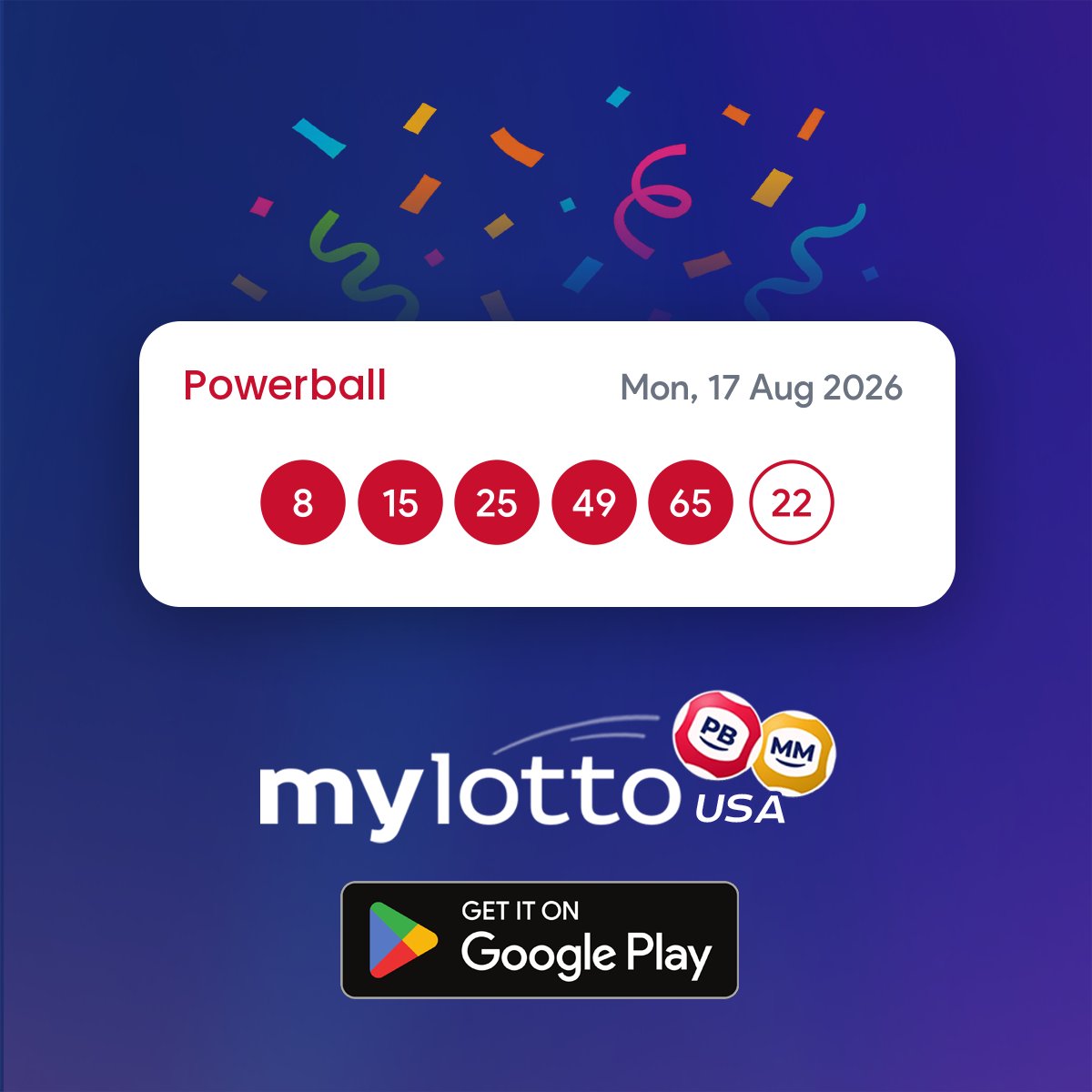 mylottousa's tweet photo. Powerball results are in! 🤩

📅 Monday, 17 Aug 2026
✨ 08, 15, 25, 49, 65 + 22 ✨

💰 Did your numbers come up?

#Powerball #LotteryResults #MyLottoUSA https://t.co/ba0dzb98TA