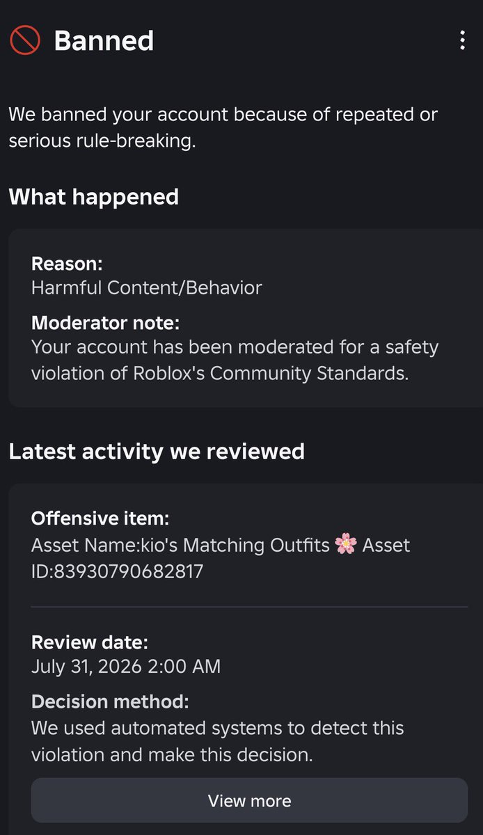 p4rely's tweet photo. I’m at 19/30 days since I lost my account due to the false outfit games ban wave.

I don’t want AI to take away an account i’ve had for almost half of my life (2015)

I haven’t received a single response from Roblox no matter how many times I appeal. 🤨

#roblox #robloxsupport https://t.co/dsp1gEvLHq