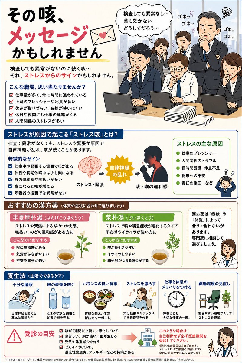 sapurineko's tweet photo. 社長「大変なんです」
店員「どうしました？」

社長「うちの部下が全員、ずっと咳をしてるんです」
店員「全員ですか？」

社長「はい。咳止めを飲ませても、のど飴を配っても、全然治らない」

店員「病院では？」
社長「みんな検査して、特に大きな異常はないみたいです」

店員「それなら、ストレスや緊張が症状に影響している可能性もありますね」

社長「ストレス……」

店員「例えば仕事量、人間関係、職場環境などです」
社長「なるほど」

店員「最近、職場で何か変わったことは？」
社長「先月から私が『もっと働け』と言うようになりました」

店員「……」

社長「朝礼で毎日、気合いを入れてます」
店員「……」

社長「休日もグループLINEで仕事の連絡をします」
店員「……」

社長「あと、有給申請が多かったので『責任感を持て』と説教しました」

店員「社長」

社長「はい」

店員「咳の原因、探すまでもないかもしれません」
社長「じゃあ漢方を配ればいいんですね？」

店員「そういう問題ではありません」
社長「おすすめは？」

店員「ストレスや緊張に伴う喉のつかえ感、咳払いなどには【半夏厚朴湯】が候補になります」

社長「全員に配ります」

店員「症状や体質を見て選んでください」
社長「では養生法を」

店員「十分な睡眠、水分補給、喉の乾燥対策。そして何より――」
社長「何より？」

店員「社員を休ませてください」
社長「……」

店員「社長？」
社長「それ、私が一番苦手な漢方ですね」
店員「薬じゃありません」

社長「では、どうすれば？」
店員「まず定時で帰れる職場にしてください」

社長「……咳が止まらなくなってきました」
店員「社長にも効いてきましたね」