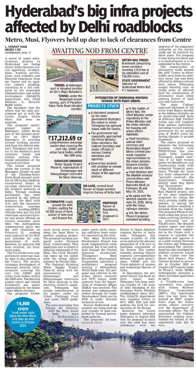 abhinavaduri9's tweet photo. #Delhi clearances slowing #Hyderabad’s infra push.
• Metro-II: 122.9 km | ₹38,595 Cr
• Sewerage plan: ₹17,212.69 Cr
• Musi trunk sewer: ₹4,000 Cr
• #Metro-I takeover/₹13,600 Cr loan: pending
• #Uppal, Rasoolpura & AOC roads: land issues https://t.co/vzU7en9A34