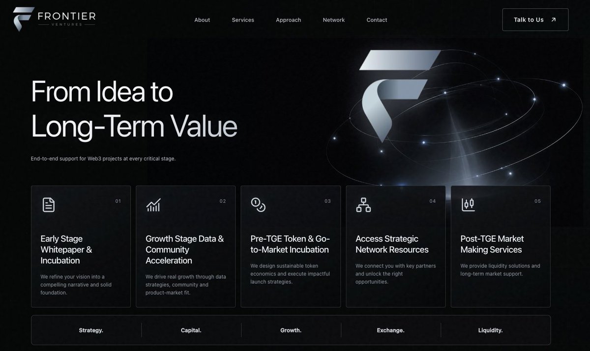 FrontierVC_'s tweet photo. From idea to long-term value.

Frontier Ventures supports Web3 projects across every critical stage — from early-stage incubation and community growth to TGE strategy, strategic connections, and post-TGE liquidity.

Strategy. Capital. Growth. Exchange. Liquidity.

🌐 https://t.co/0eAbLgbo8b

#FrontierVentures