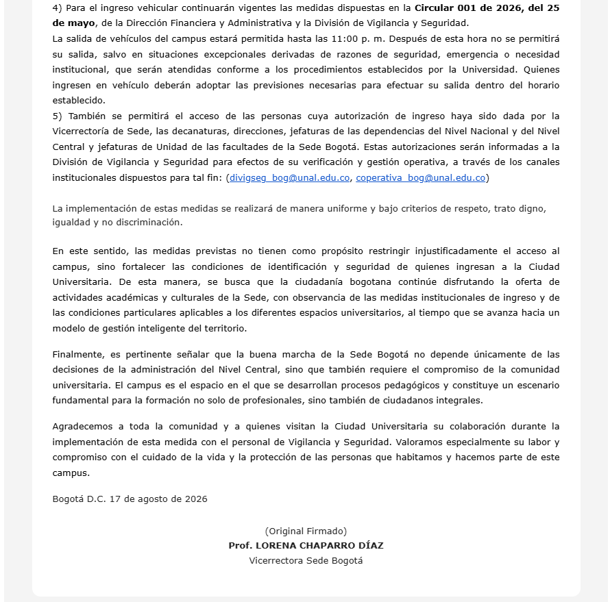 BluRadioCo's tweet photo. Desde el martes, 18 de agosto, habrá nuevas medidas de seguridad y requerimientos para la entrada a la Universidad Nacional en Bogotá. 

Según la vicerrectoría, en todas las entradas se solicitará: carné institucional, documento de indentidad, la acreditación o razón de ingreso a contratistas, visitantes, egresados, pensionados y demás personas. 

Estas medidas se hacen para verificar los ingresos al campus y así evitar alteraciones de orden público en el interior. #VocesySonido