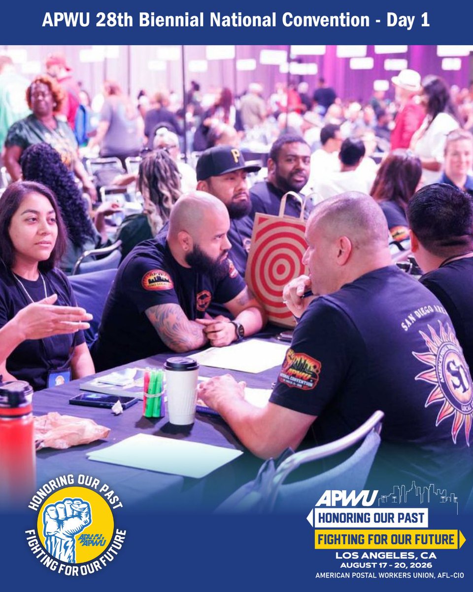 APWUnational's tweet photo. Day 1 of the APWU Convention has wrapped! Scroll to view pictures, and join us tomorrow, 8/18, at 4PM PT/ 7PM ET to be part of the action as we livestream from the convention floor. Tune in at https://t.co/BnGiN4YeTz https://t.co/hlSpk6ZpoM