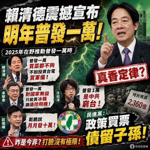 DroSeY30320's tweet photo. 去年在野推動 #普發一萬 的時候，賴清德說普發一萬買菜都不夠，不如投資台電買軍備，民進黨：政策買票 債留子孫。請問民進黨：明年普發一萬是不是窮台？賴清德是不是配合中共搞統戰？還是說普發一萬不能別人發，只能賴皇發？ #綠能你不能 https://t.co/dWYt1KVnUB