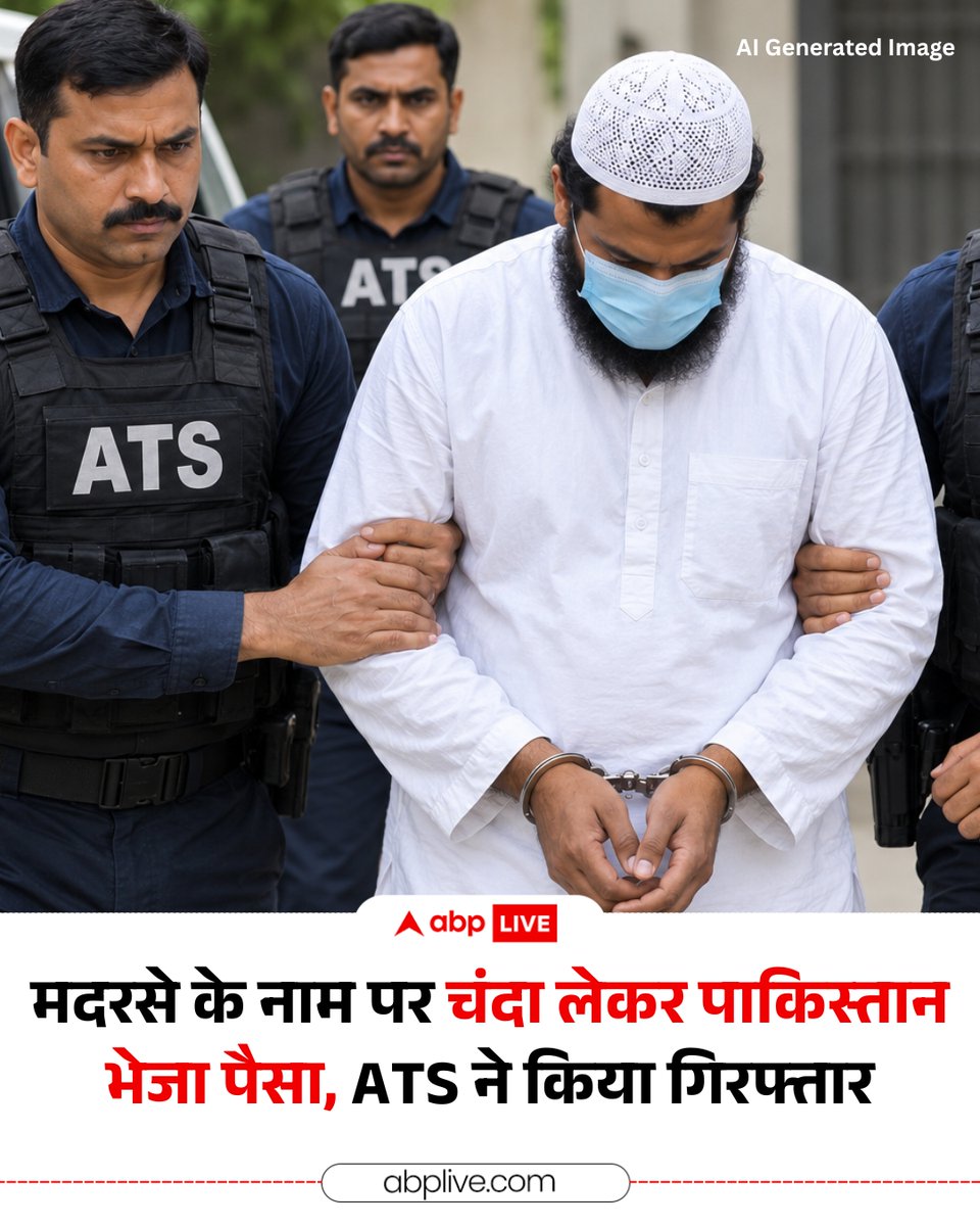 ABPNews's tweet photo. उत्तर प्रदेश एटीएस ने मदरसे के नाम पर लोगों से चंदा जुटाकर पाकिस्तानी आतंकी संगठन तक रकम पहुंचाने के आरोप में जैश-ए-मोहम्मद से जुड़े संदिग्ध को गिरफ्तार किया है. आरोपी मोहम्मद जफर पर मौलाना मसूद अजहर की भड़काऊ और जेहादी तकरीरें सोशल मीडिया के जरिए साझा कर लोगों को जेहाद के लिए प्रेरित करने का भी आरोप है.

#UPNews #ATS #MadrsaDonation #Pakistan #Funding #ABPNews