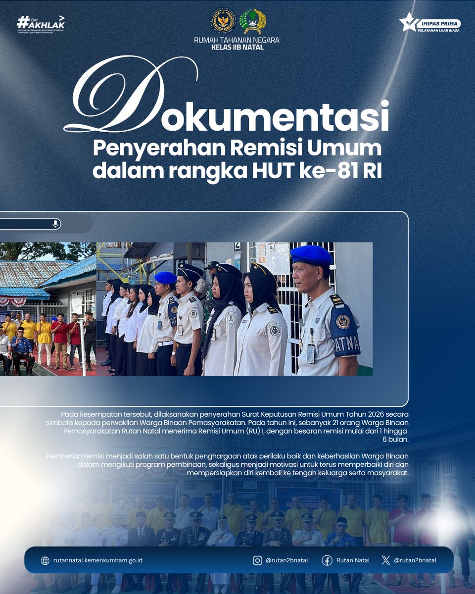 rutan2bnatal's tweet photo. Rutan Natal Gelar Upacara 17 Agustus dan Pemberian Remisi Umum Tahun 2026. (Senin, 17 Agustus 2026)

#RutanNatalPATEN
#Kemenimipas
#HUTRI81
 #Pemasyarakatan https://t.co/64CYVBh2ZI