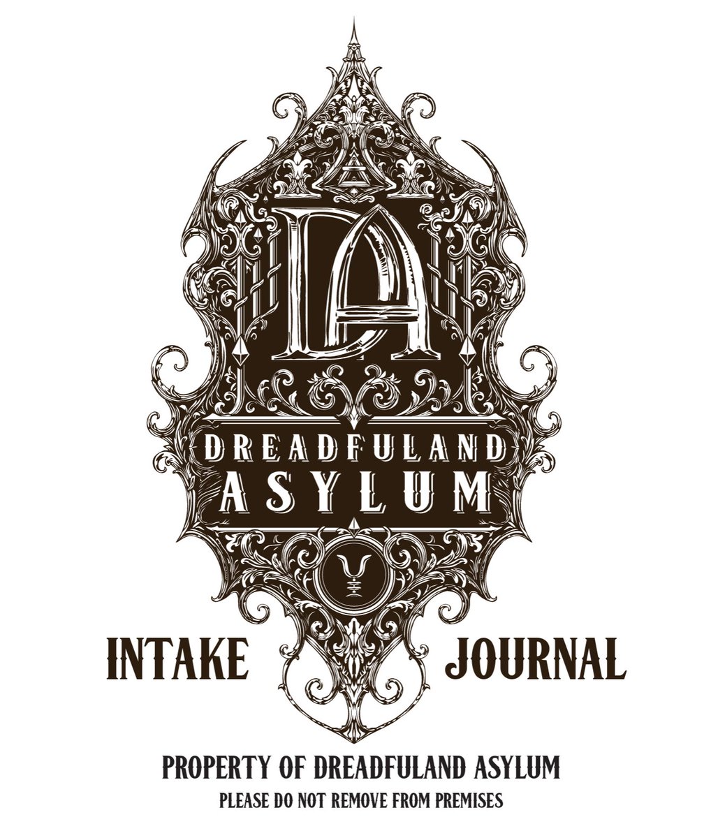 americanmcgee's tweet photo. The @PlushieDreadful team is building bits and pieces of the Asylum Survival Kit (think of it like a Victorian era travel kit). And one element is a writing pad in the style of an Intake Journal for the Dreadfuland Asylum. 

This is the cover page for that journal - logo art by @OmriKoresh and layout by @GMShivers 

The final Survival Kit will also include two plushies - one based on the Cheshire Kitten and one based on the OG Distressed White Rabbit. Wicked!