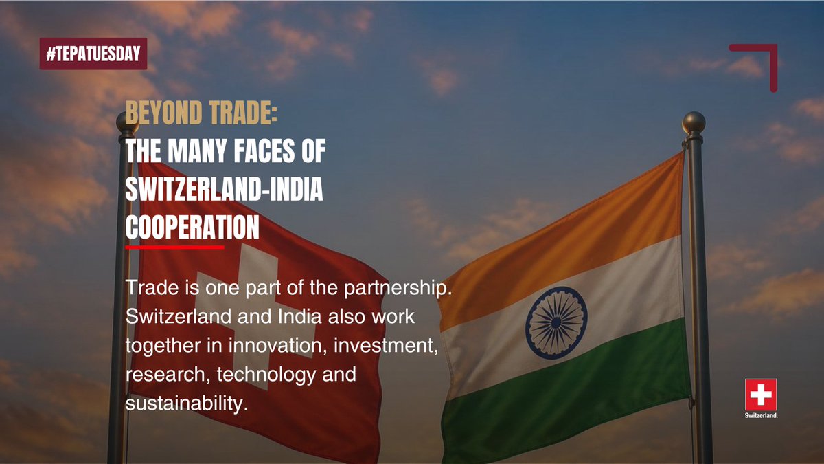 SwissEmbassyIND's tweet photo. Trade is just one part of the Switzerland–India partnership. 🇨🇭📷 

Switzerland and India also collaborate in innovation, technology, skills, and sustainability.🇮🇳

#TEPATuesday https://t.co/6Va7k9HM9u