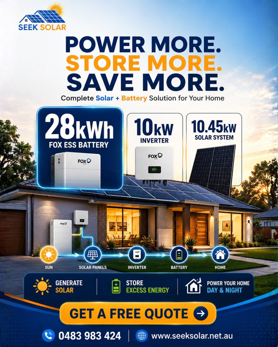 seek_solar's tweet photo. ☀️🔋 Power your home smarter!

10.45kW Solar System + 10kW Inverter + 28kWh FOX ESS Battery.

Store more. Use more. Save more. ⚡

📞 0483 983 424
🌐 https://t.co/eDvJz7liVd
#SeekSolar #FoxESS #SolarBattery #SolarSavings https://t.co/pyaAJv6inb