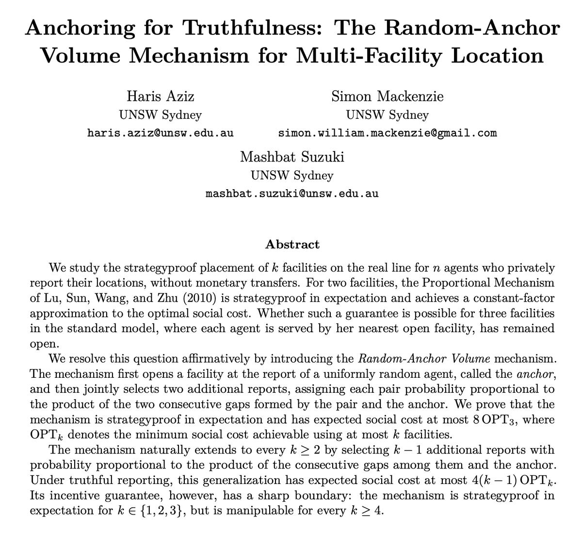 harisazizk's tweet photo. 📜New paper with @SimonWMackenzie &amp; @mashbat6: first randomized strategyproof mechanism for 3-facility location with constant-factor approx of social cost.
https://t.co/lMkesT8YjJ https://t.co/LyN1PB6UR9