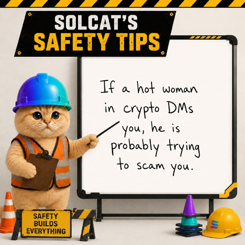 Solcat_On_SOL's tweet photo. $SOLCAT Safety Tip #1 

Always be vigilant and watch for scammers. Don't click random links, give people your seed phrase, or send strangers crypto!

Play safe, Stay safe, and remember.. 

Be like a cat, WEAR YOUR HARD-HAT! https://t.co/G5QpShXKxi