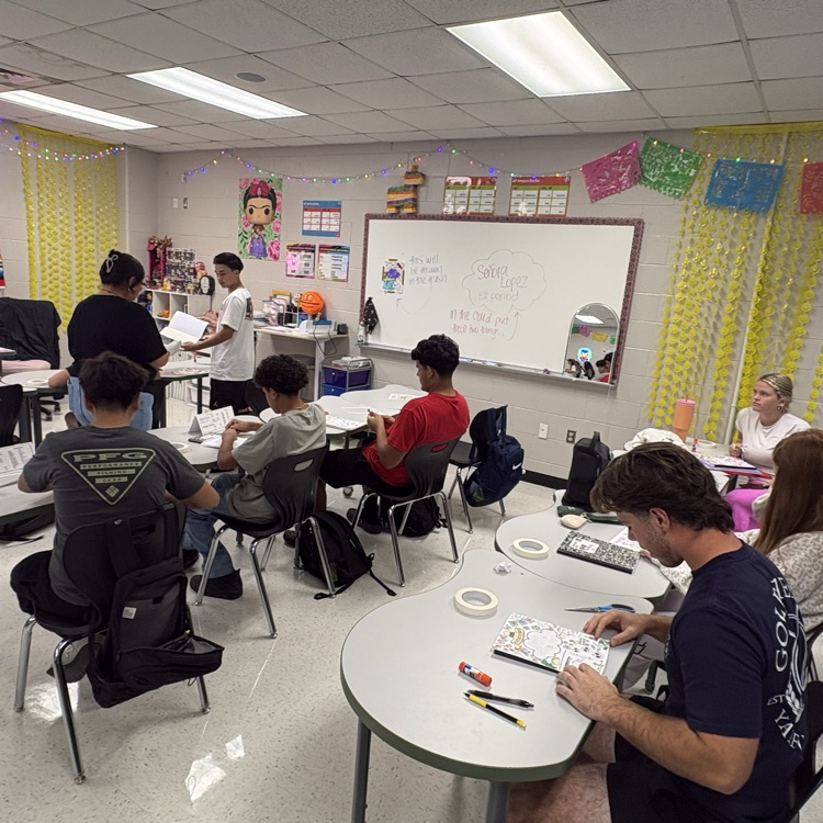 palmer_hs's tweet photo. Coach Byers getting class started this afternoon, Mrs. Lopez's Spanish class working on interactive notebooks, and Mr. V's theatre class working on their lines and building connections today. Week 2 is underway at PHS! #DareToBeBetter #Bettereverydayineveryway https://t.co/px2mTdO4nJ
