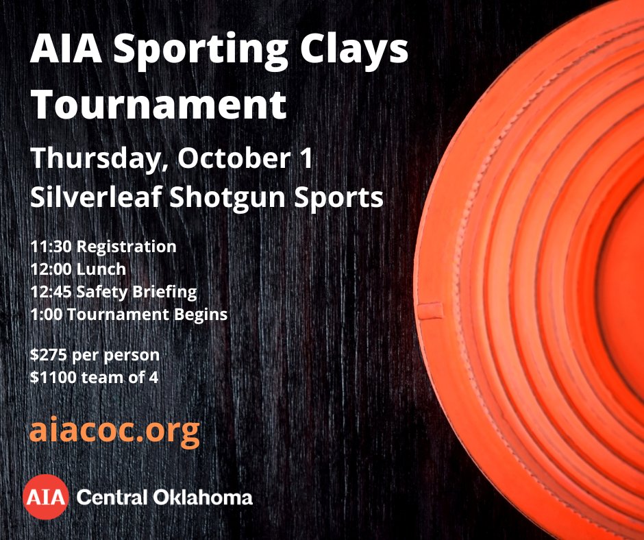 AIACOC's tweet photo. Registration is open for this year's AIA Sporting Clays Tournament! Join us on Thursday, October 1st at Silverleaf Shotgun Sports. More information at https://t.co/8ijy3jEwYY #sportingclays #architects #contractors #engineers #silverlead #aiacoc https://t.co/hjsdYtGDEY