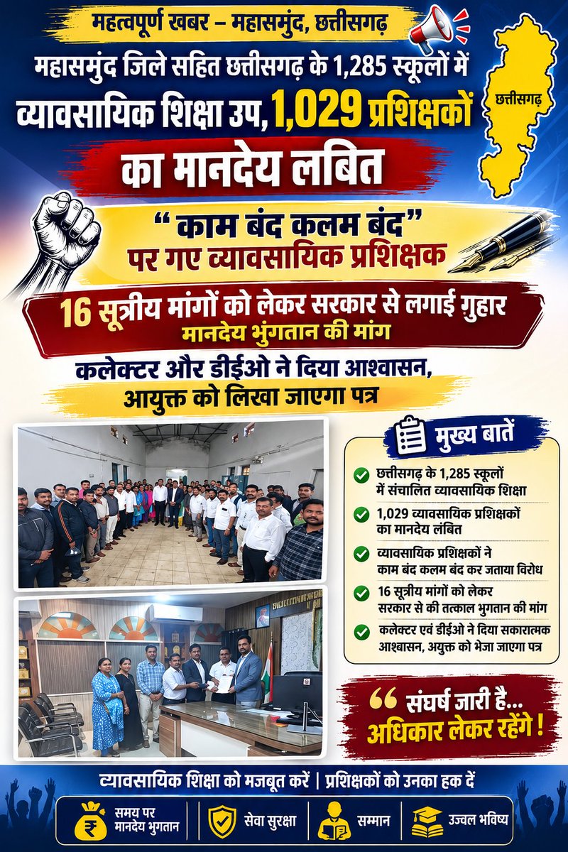 cgvtwa's tweet photo. महासमुंद सहित छत्तीसगढ़ के 1,285 स्कूलों में 1,029 व्यावसायिक प्रशिक्षकों का मानदेय लंबित—16 सूत्रीय मांगों को लेकर आवाज़ बुलंद। ✊
समय पर मानदेय, सेवा सुरक्षा और सम्मान—व्यावसायिक प्रशिक्षकों का अधिकार सुनिश्चित हो!

#व्यावसायिकप्रशिक्षक #महासमुंद #मानदेय #सेवासुरक्षा #छत्तीसगढ़ https://t.co/t4YwPwTpRJ