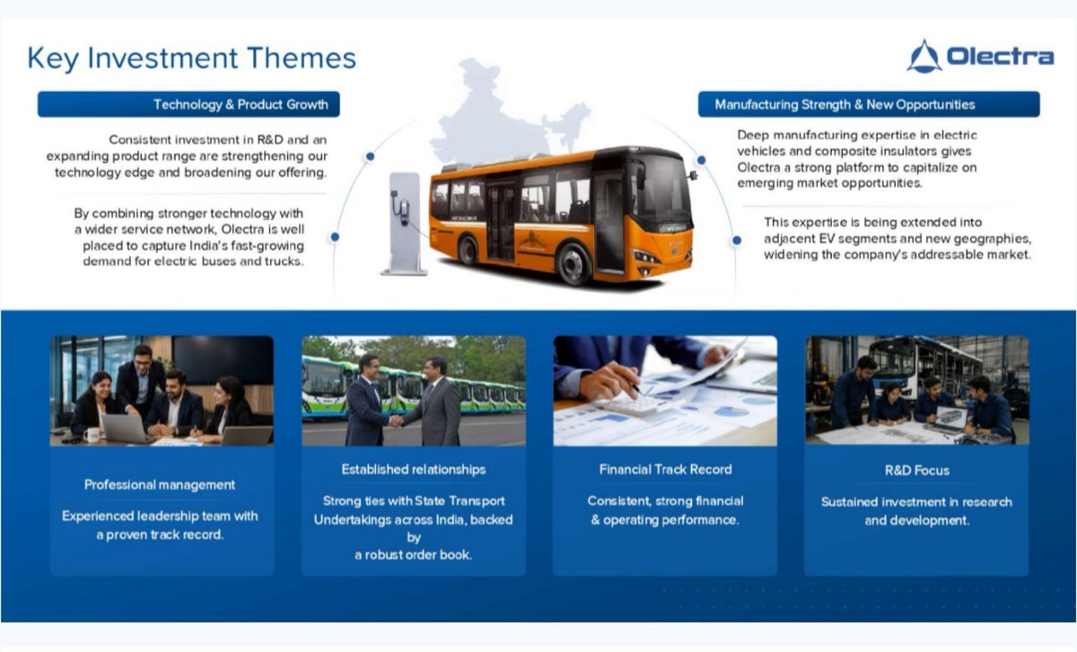 TatitPanji's tweet photo. Olectra GreenTech Q1 FY27 Concall Updates 
 The EV story is entering its next phase. 🧵

1/
Olectra is no longer just an electric-bus story.
The business is now entering 3 new phases:

→ Bus volume ramp-up
→ New-generation bus + truck platforms
→ Insulator business expansion https://t.co/elSoTN8cOq