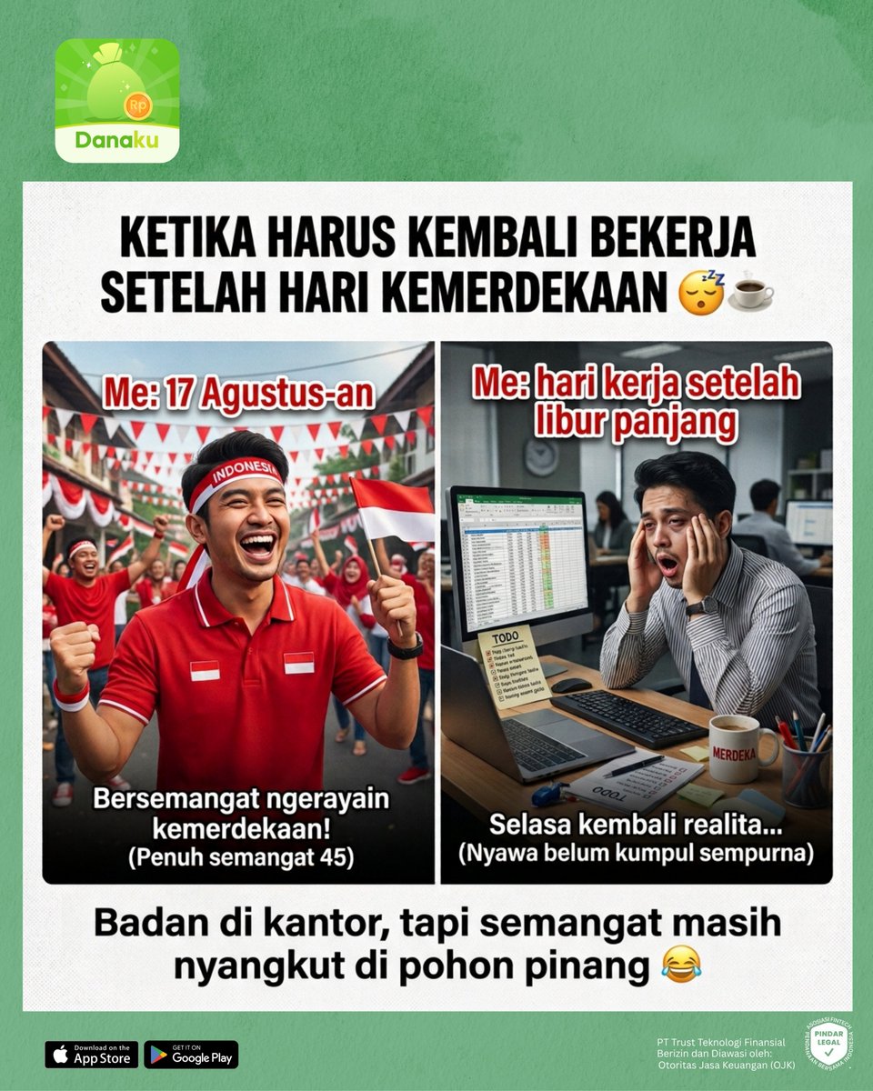 officialdanaku's tweet photo. Semangat kemerdekaannya masih nempel di pohon pinang, badannya udah nempel di kursi kantor. Siapa nih yang kayak gini? 😴☕
#harikerja #backtoreality #liburpanjang #worklife #17agustus https://t.co/a7ToDZn6C8
